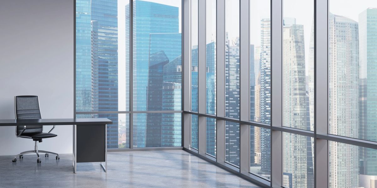 Modern office space with a city skyline view